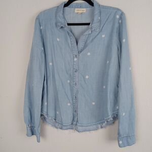Anthropologie Cloth & Stone M Long Sleeve Button Down Chambray Tencel Polka Dot